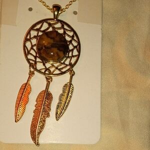 Hand Made Nebraska River Rock Gold Dreamcatcher Pendant Necklace